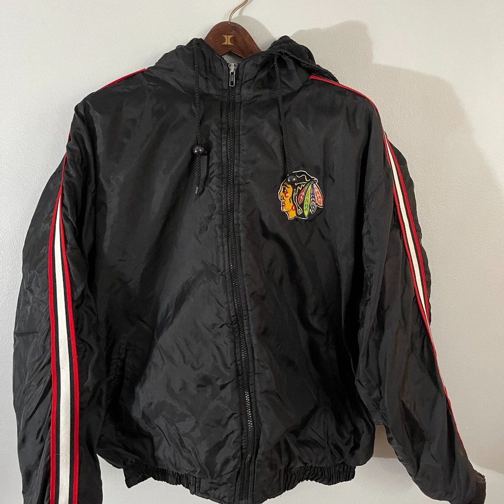 Vintage Chicago Blackhawks Jacket Mens L Black Puffer Spotlight Zip Up Stripped